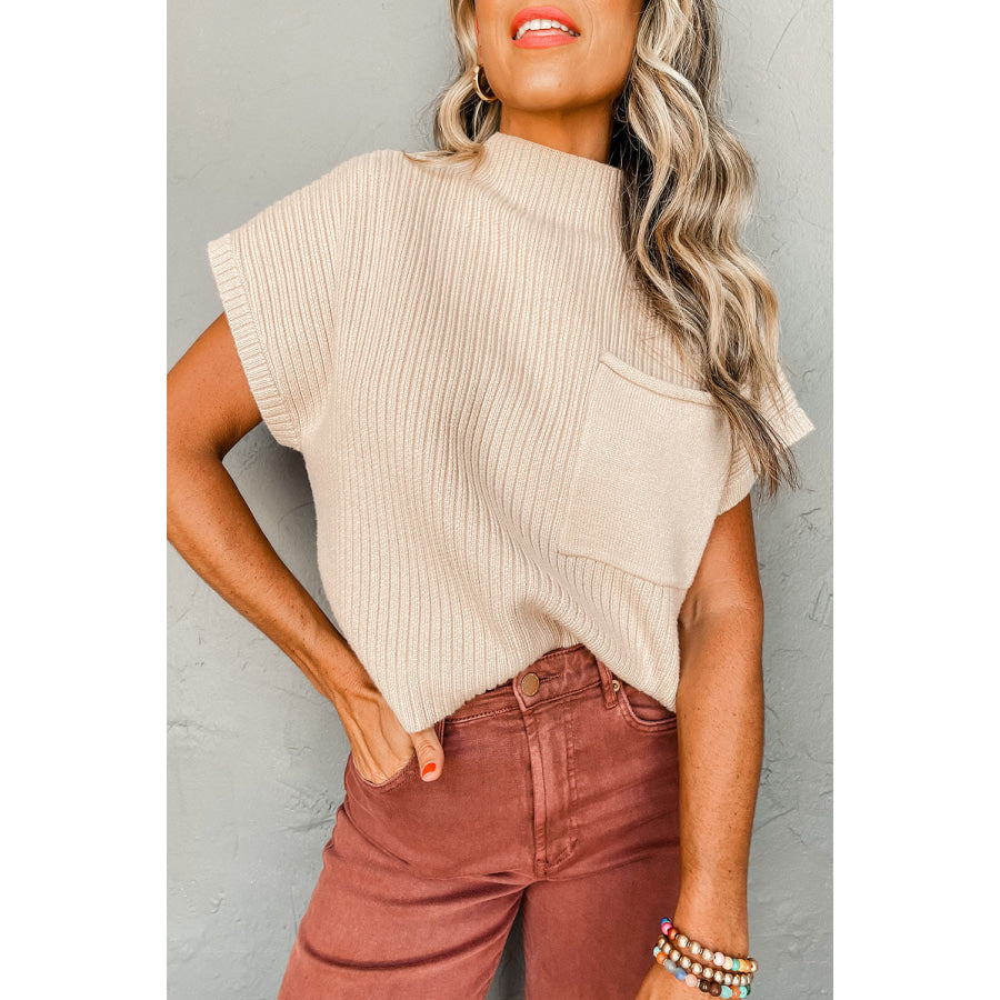 Oatmeal Patch Pocket Ribbed Knit Short Sleeve Sweater Oatmeal / S / 50% Viscose + 28% Polyester + 22% Polyamide Sweaters & Cardigans/Short