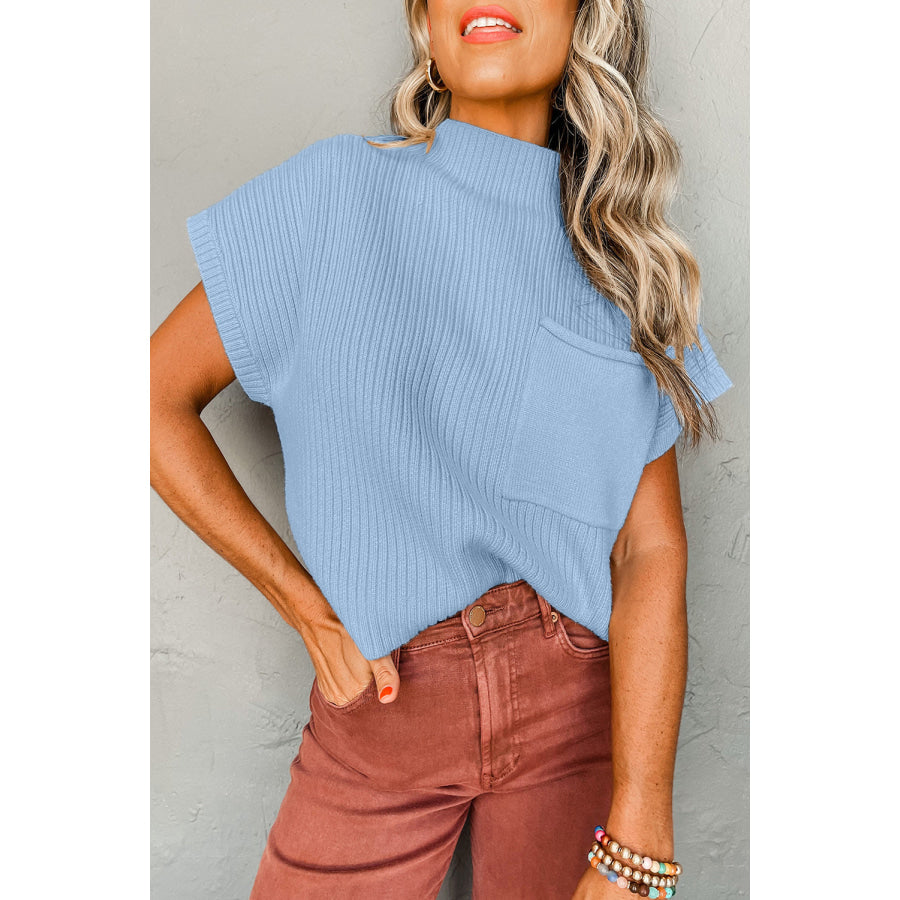Oatmeal Patch Pocket Ribbed Knit Short Sleeve Sweater Sweaters & Cardigans/Short Sleeve Sweaters