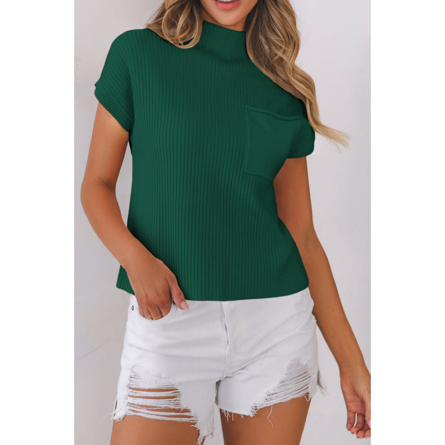 Oatmeal Patch Pocket Ribbed Knit Short Sleeve Sweater Sweaters & Cardigans/Short Sleeve Sweaters