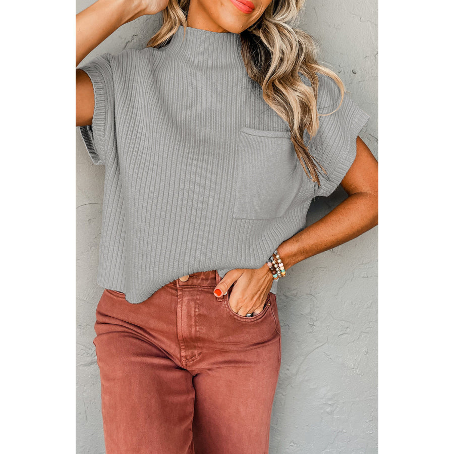 Oatmeal Patch Pocket Ribbed Knit Short Sleeve Sweater Sweaters & Cardigans/Short Sleeve Sweaters