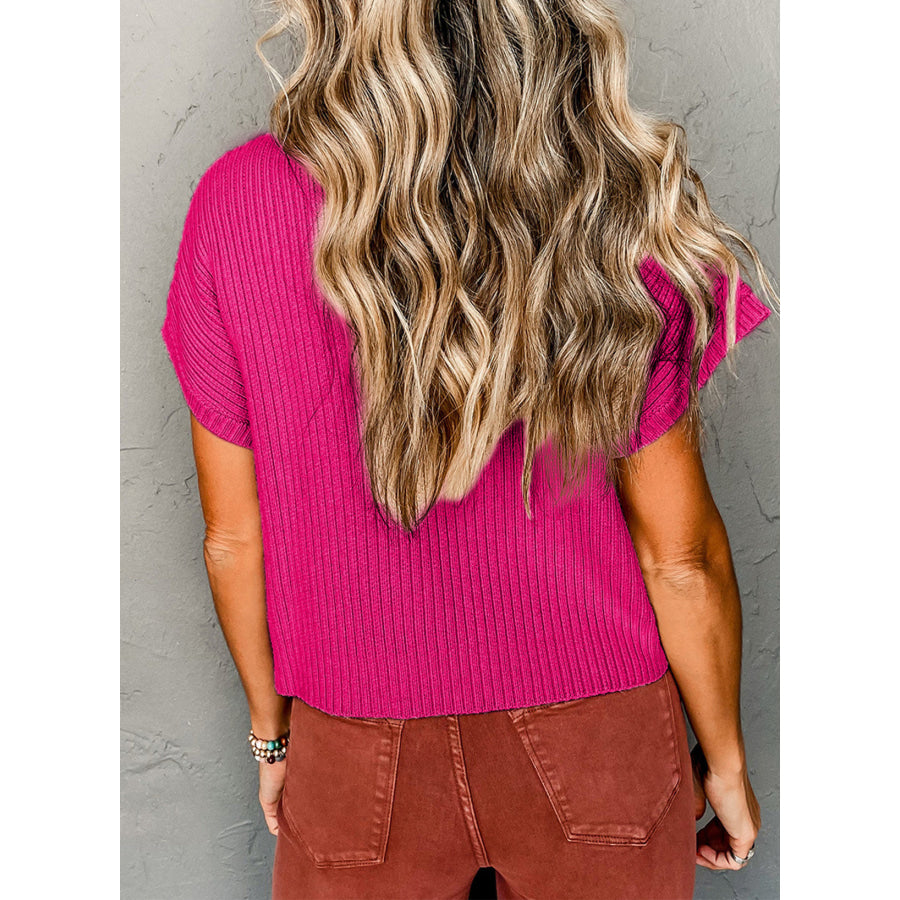Oatmeal Patch Pocket Ribbed Knit Short Sleeve Sweater Sweaters & Cardigans/Short Sleeve Sweaters