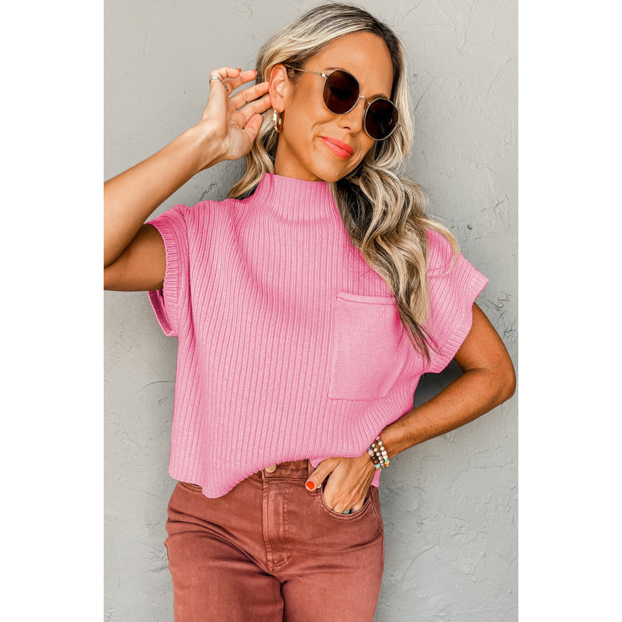 Oatmeal Patch Pocket Ribbed Knit Short Sleeve Sweater Sweaters & Cardigans/Short Sleeve Sweaters