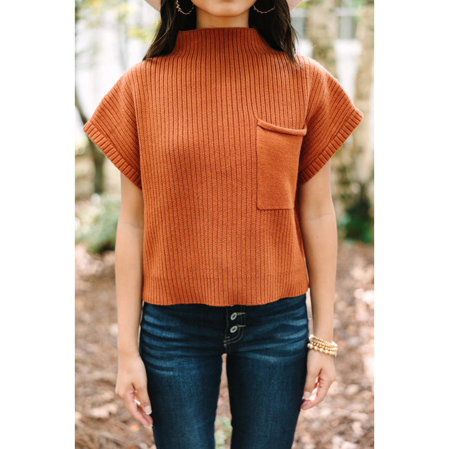 Oatmeal Patch Pocket Ribbed Knit Short Sleeve Sweater Sweaters & Cardigans/Short Sleeve Sweaters