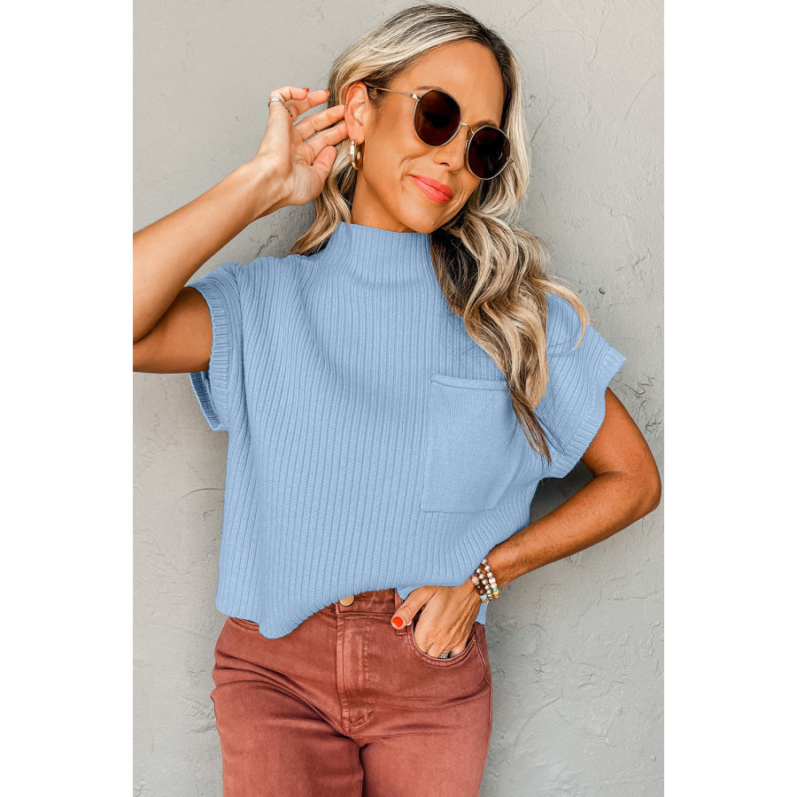 Oatmeal Patch Pocket Ribbed Knit Short Sleeve Sweater Sweaters & Cardigans/Short Sleeve Sweaters