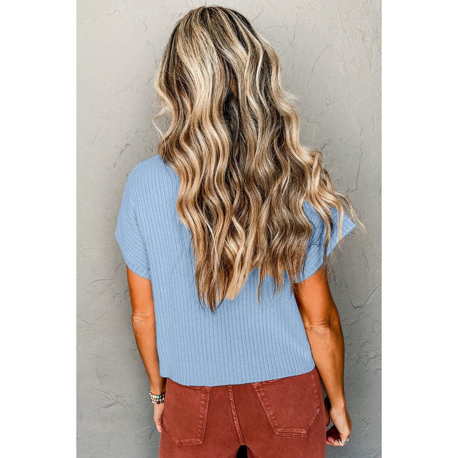 Oatmeal Patch Pocket Ribbed Knit Short Sleeve Sweater Sweaters & Cardigans/Short Sleeve Sweaters