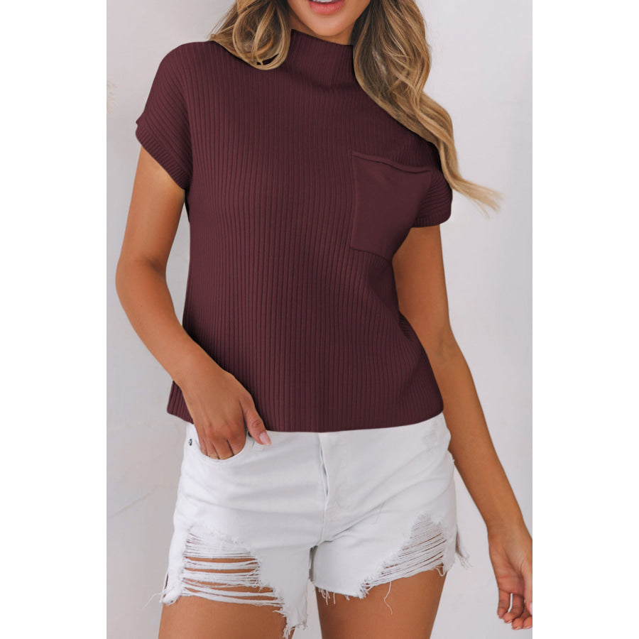 Oatmeal Patch Pocket Ribbed Knit Short Sleeve Sweater Sweaters & Cardigans/Short Sleeve Sweaters