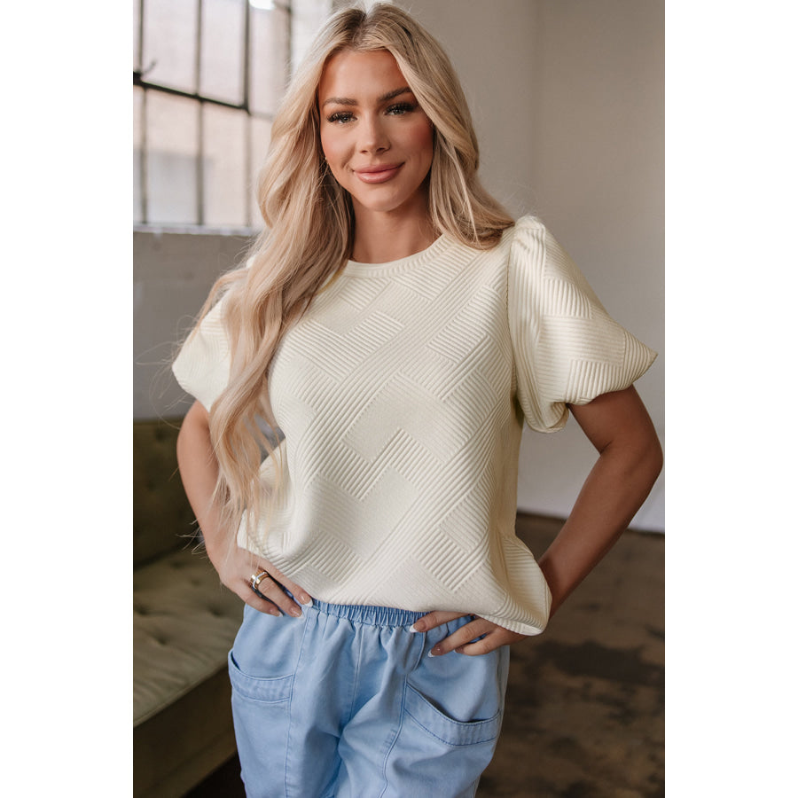 Oatmeal Textured Puff Sleeve T-shirt Oatmeal / S / 97% Polyester + 3% Elastane Tops/Tops & Tees