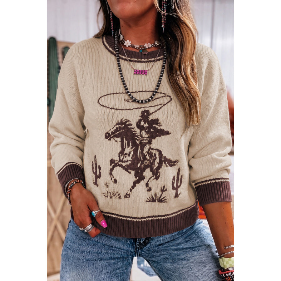 Oatmeal Western Print Color Block Ribbed Trim Crew Neck Shift Sweater / S Sweaters & Cardigans/Sweaters