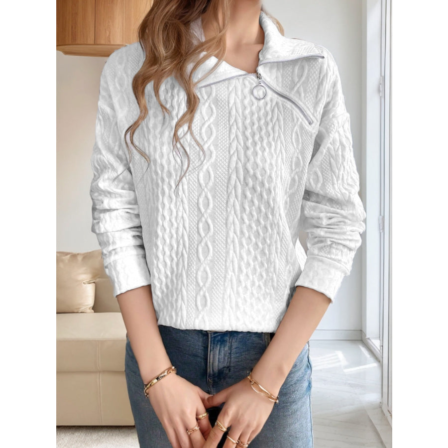 Oblique Zipper Collared Neck Long Sleeve Sweatshirt Apparel and Accessories