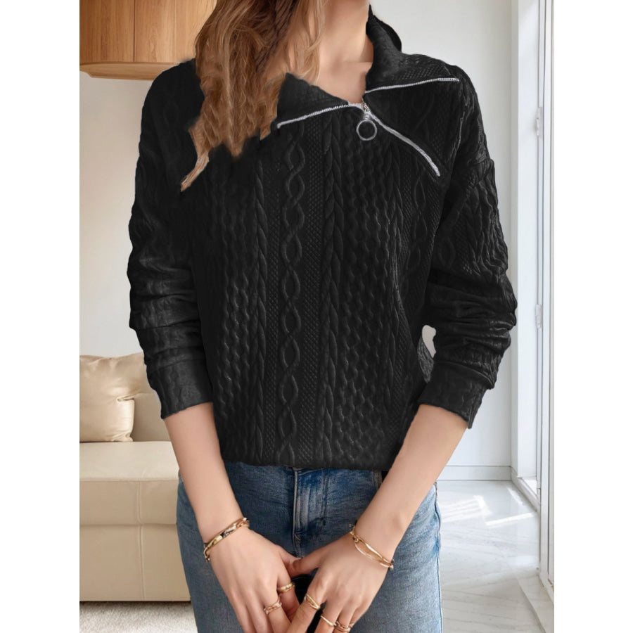 Oblique Zipper Collared Neck Long Sleeve Sweatshirt Apparel and Accessories