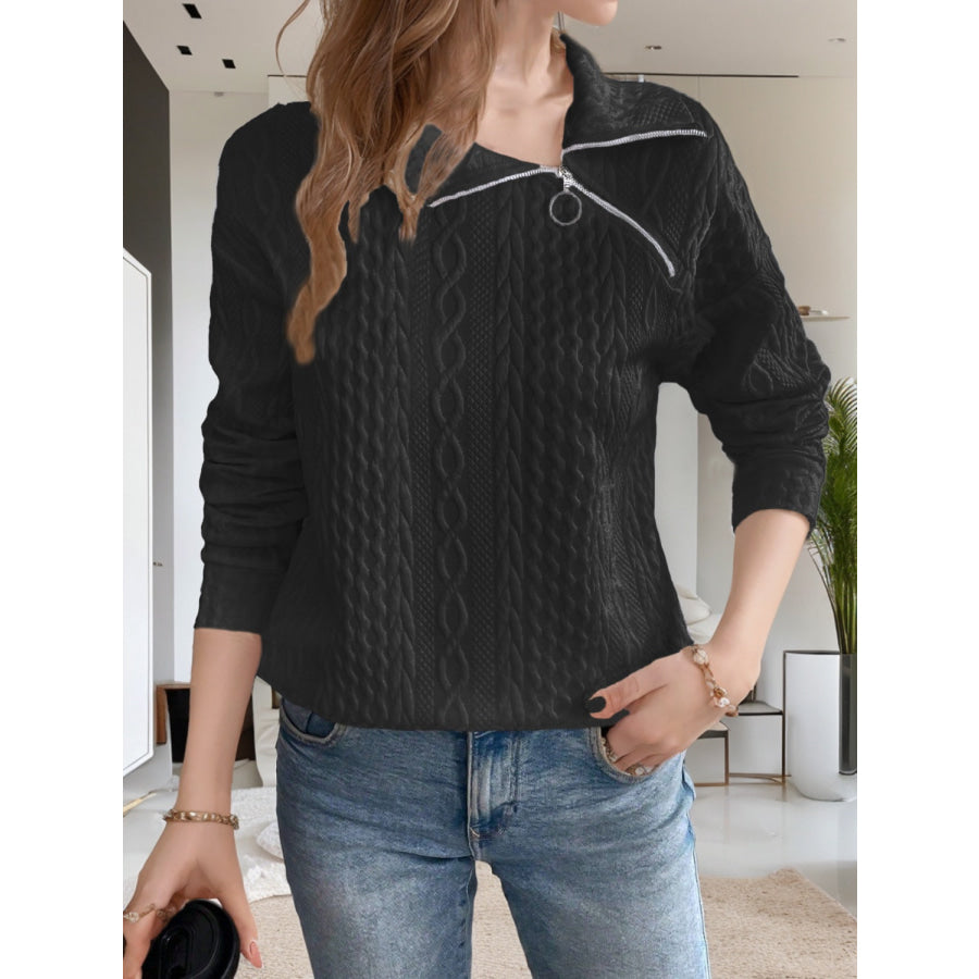 Oblique Zipper Collared Neck Long Sleeve Sweatshirt Black / S Apparel and Accessories