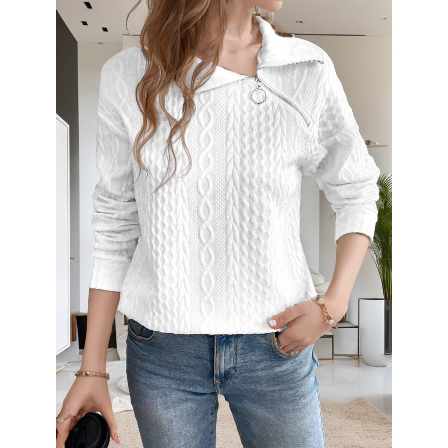 Oblique Zipper Collared Neck Long Sleeve Sweatshirt White / S Apparel and Accessories