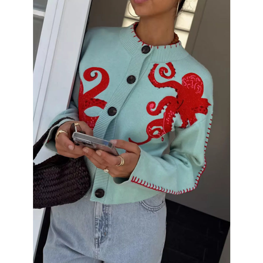 Octopus Button Up Cropped Cardigan Light Green / S Apparel and Accessories