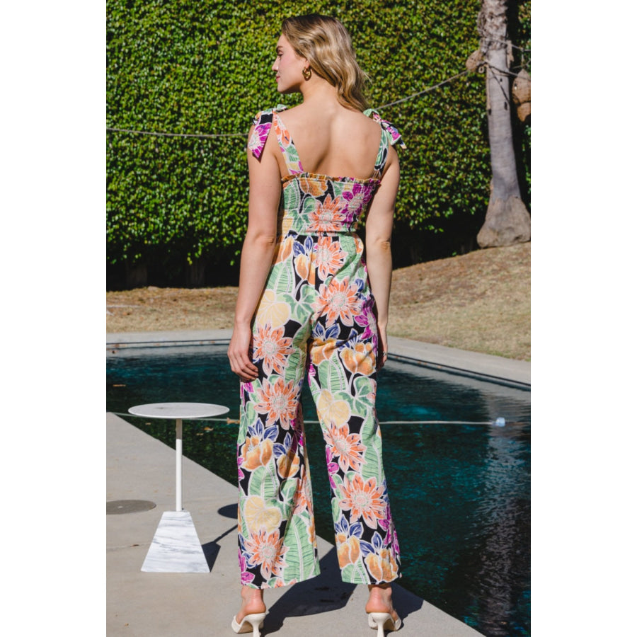 ODDI Full Size Floral Sleeveless Wide Leg Jumpsuit Black Floral Multi / S