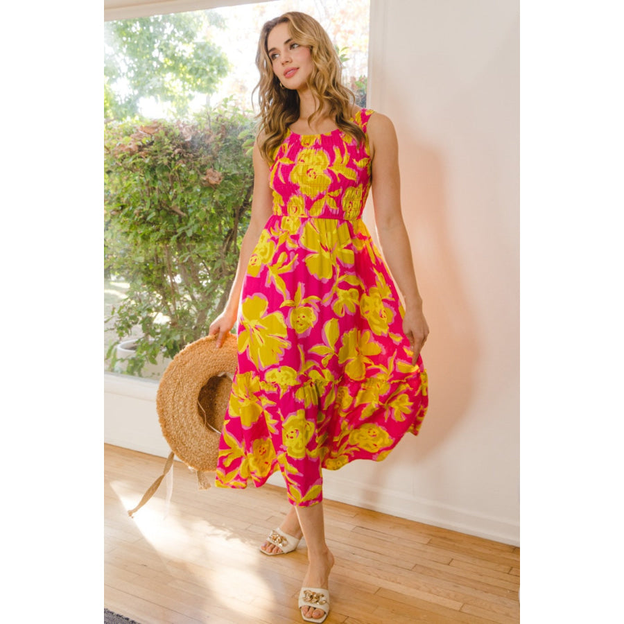 ODDI Full Size Floral Smocked Ruffled Midi Dress