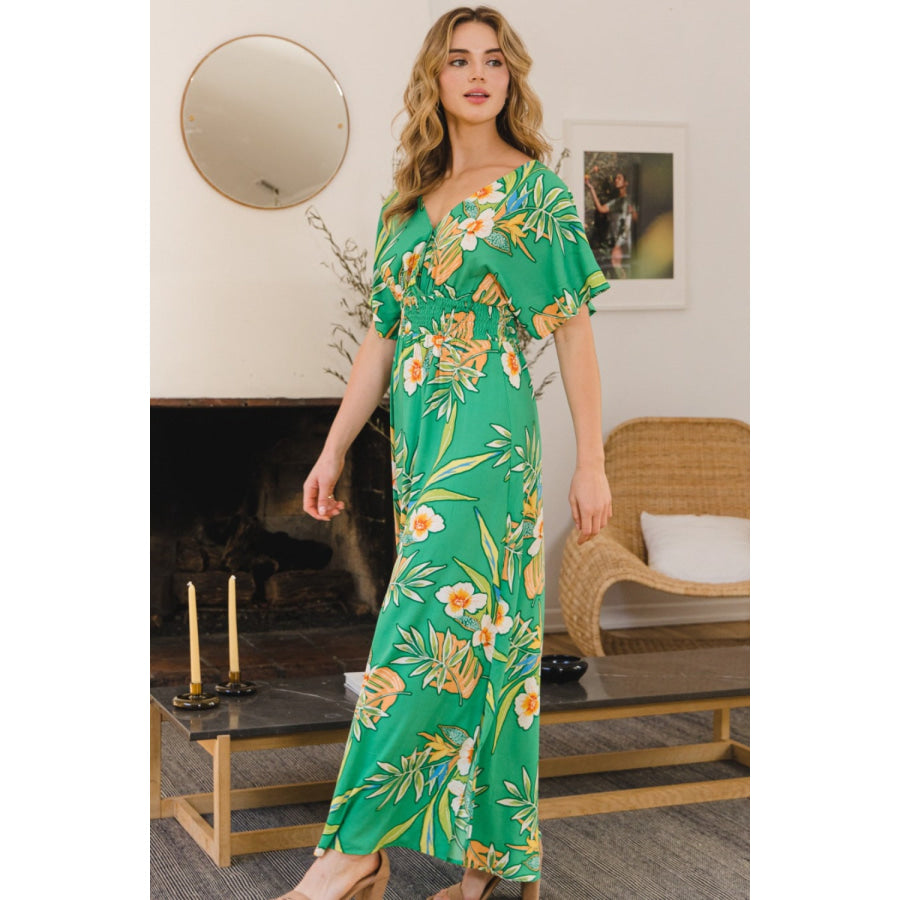 ODDI Full Size Floral Smocked Tied Back Maxi Dress Green Multi / S