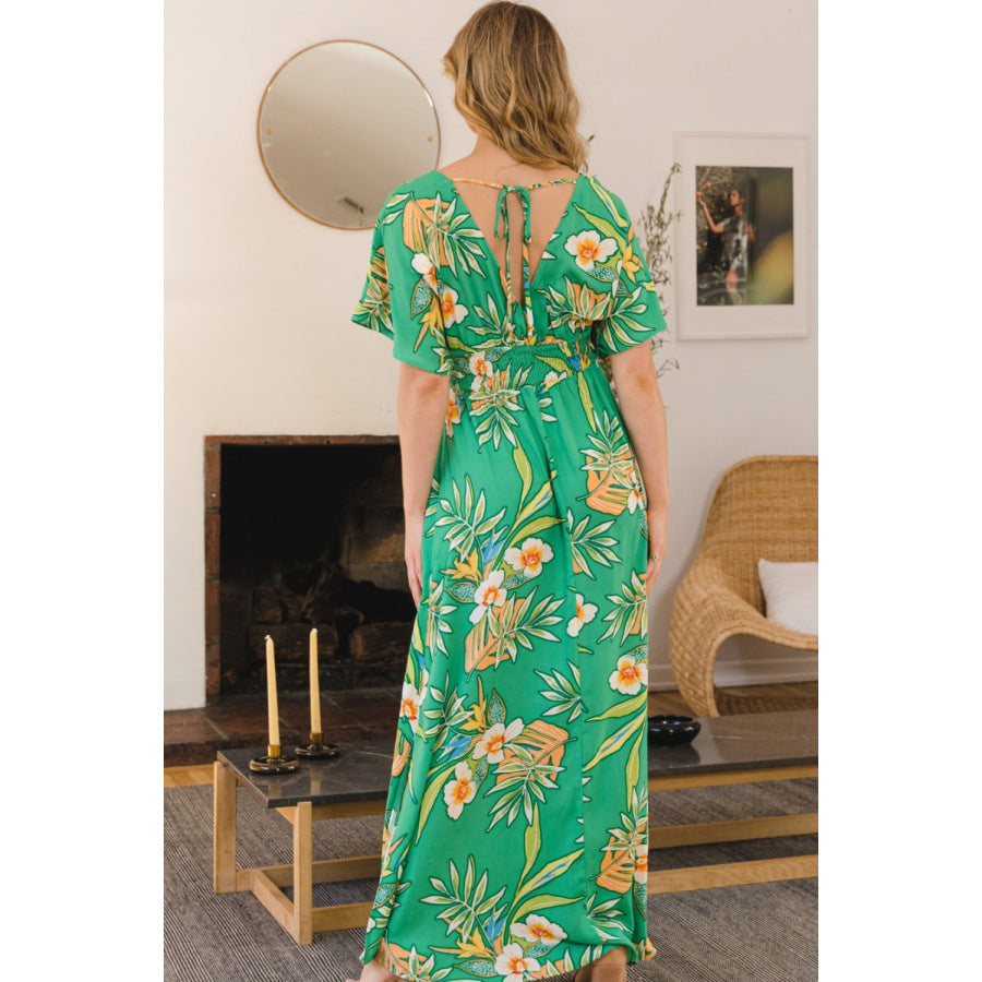 ODDI Full Size Floral Smocked Tied Back Maxi Dress Green Multi / S