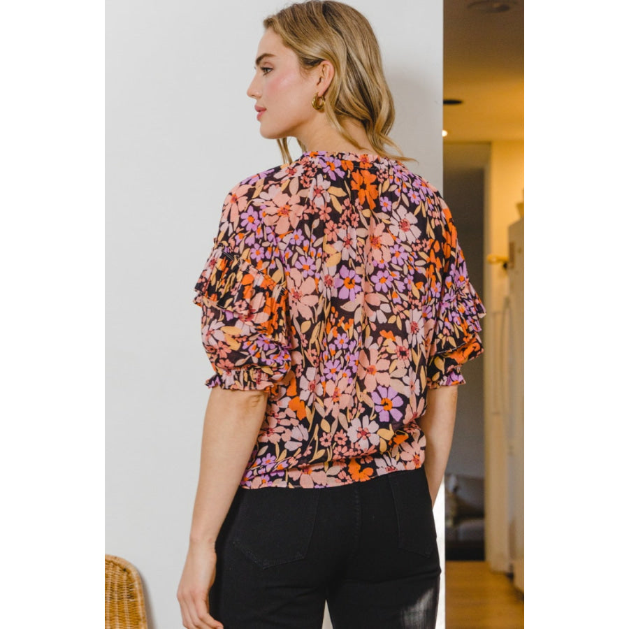 ODDI Full Size Floral Tie Neck Ruffled Blouse Apparel and Accessories