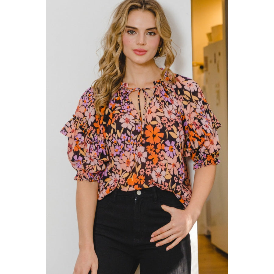 ODDI Full Size Floral Tie Neck Ruffled Blouse Apparel and Accessories