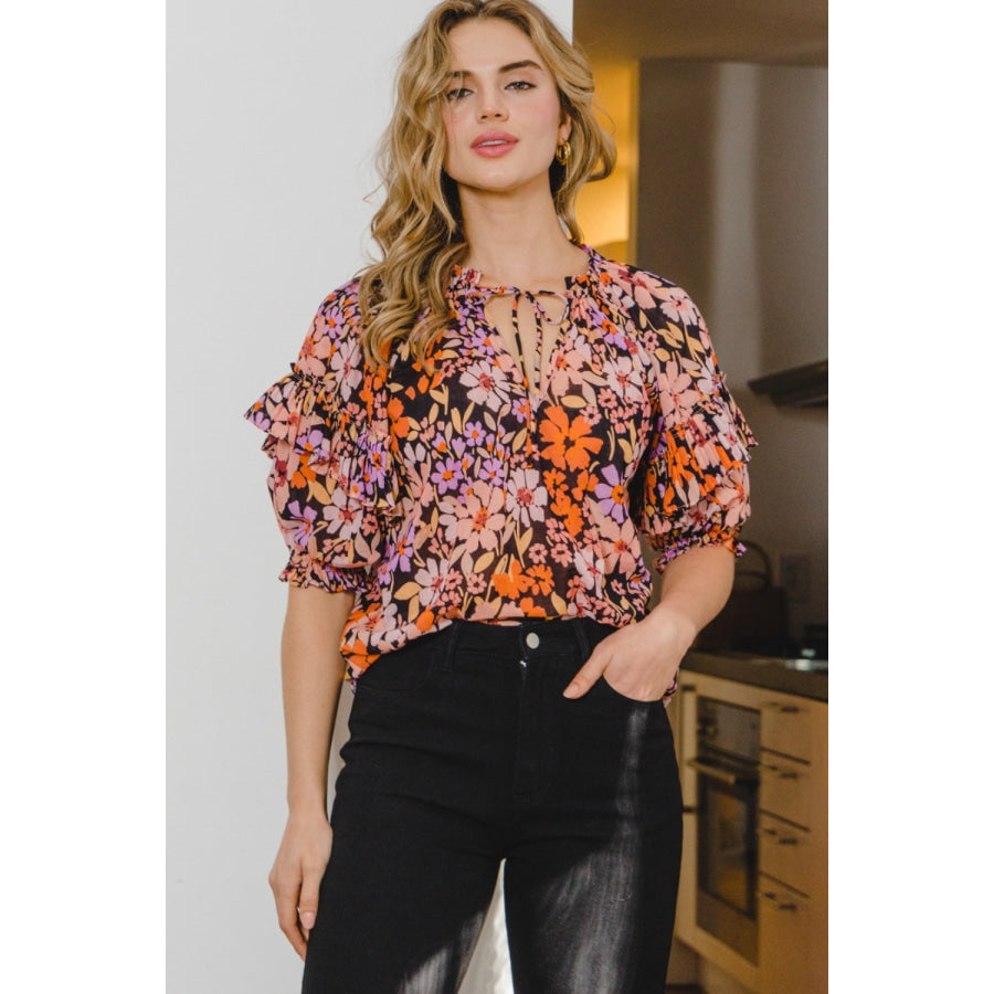 ODDI Full Size Floral Tie Neck Ruffled Blouse Black Multi / S Apparel and Accessories