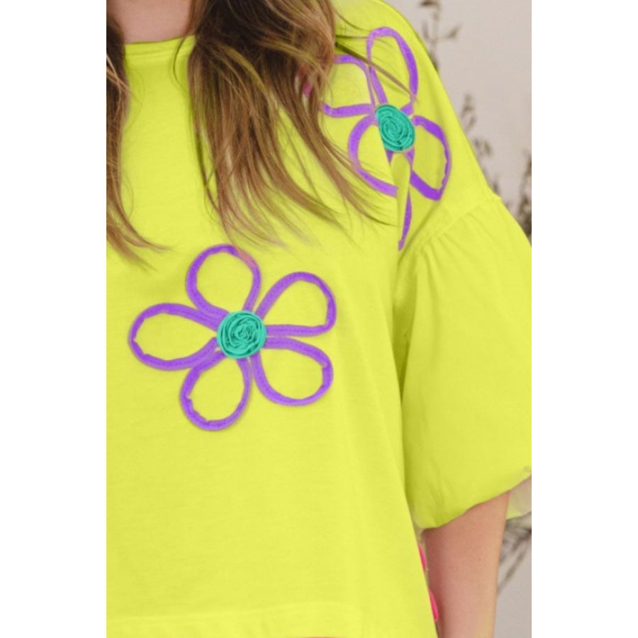 ODDI Full Size Flower Embroidery Detail T - Shirt Apparel and Accessories