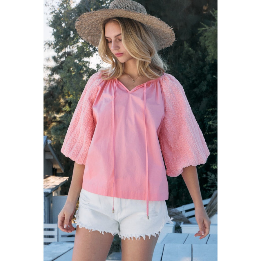 ODDI Full Size Poplin Bubble Sleeve Blouse Apparel and Accessories