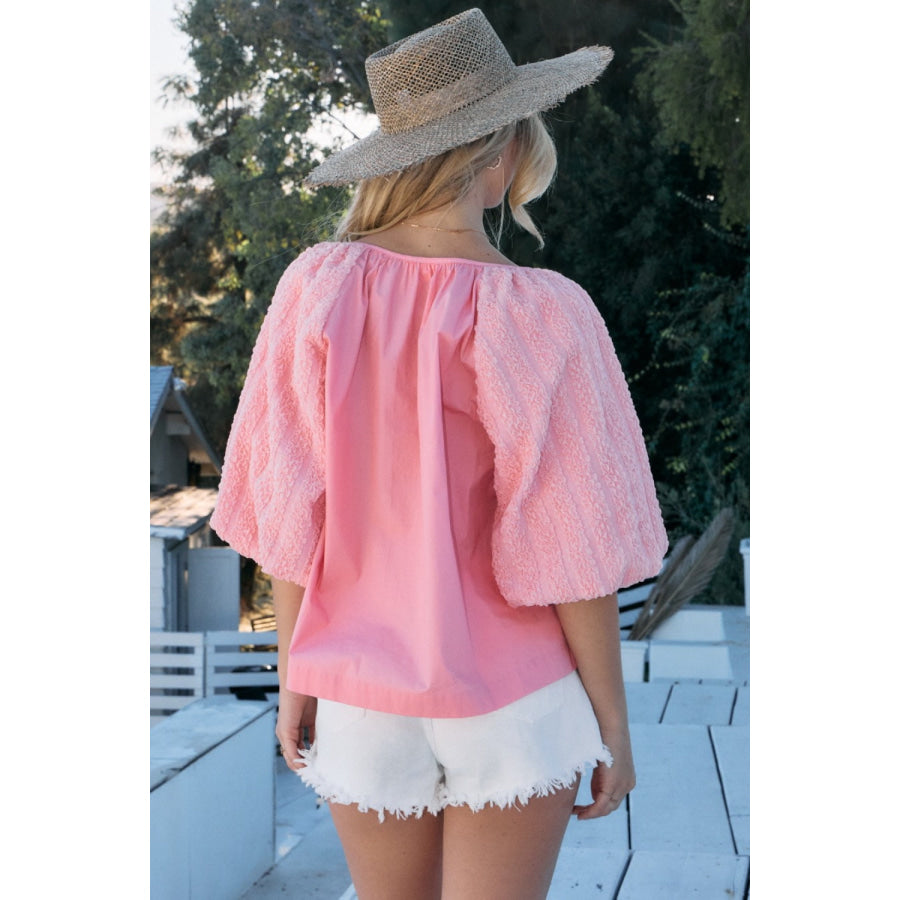 ODDI Full Size Poplin Bubble Sleeve Blouse Pink / S Apparel and Accessories