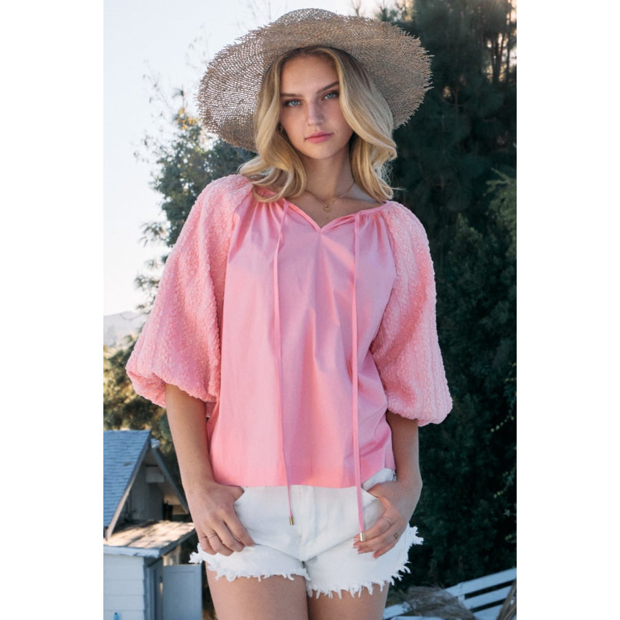 ODDI Full Size Poplin Bubble Sleeve Blouse Pink / S Apparel and Accessories