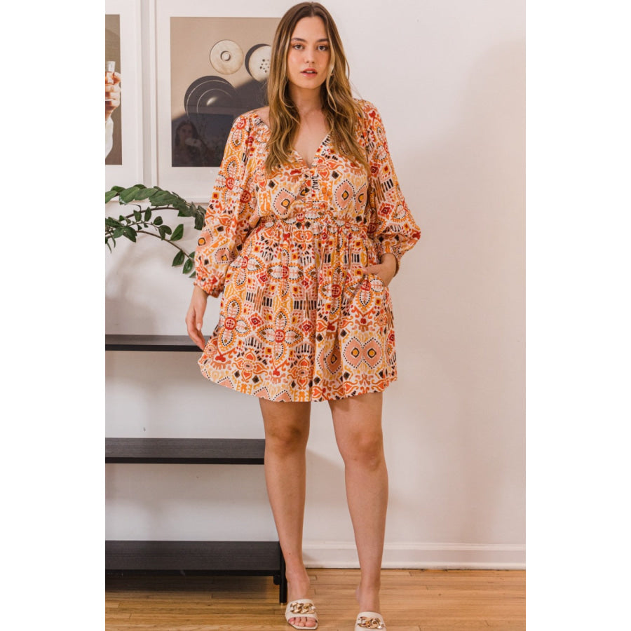 ODDI Full Size Printed Ruff Sleeve Romper with Pockets