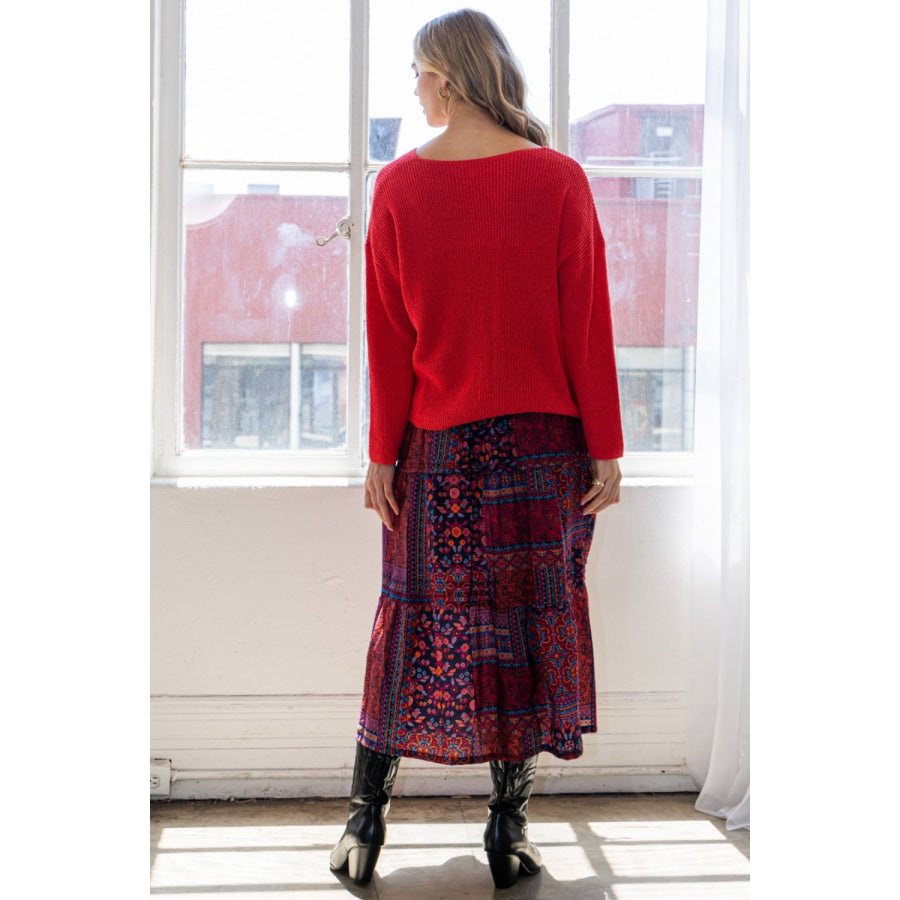 ODDI Full Size Printed Tiered Maxi Skirt Red / S Apparel and Accessories