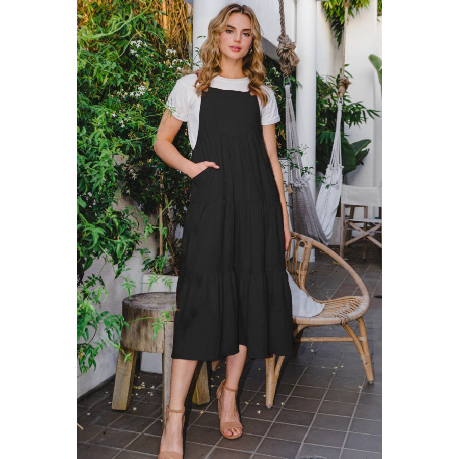 ODDI Full Size Sleeveless Tiered Midi Dress Black / S Apparel and Accessories