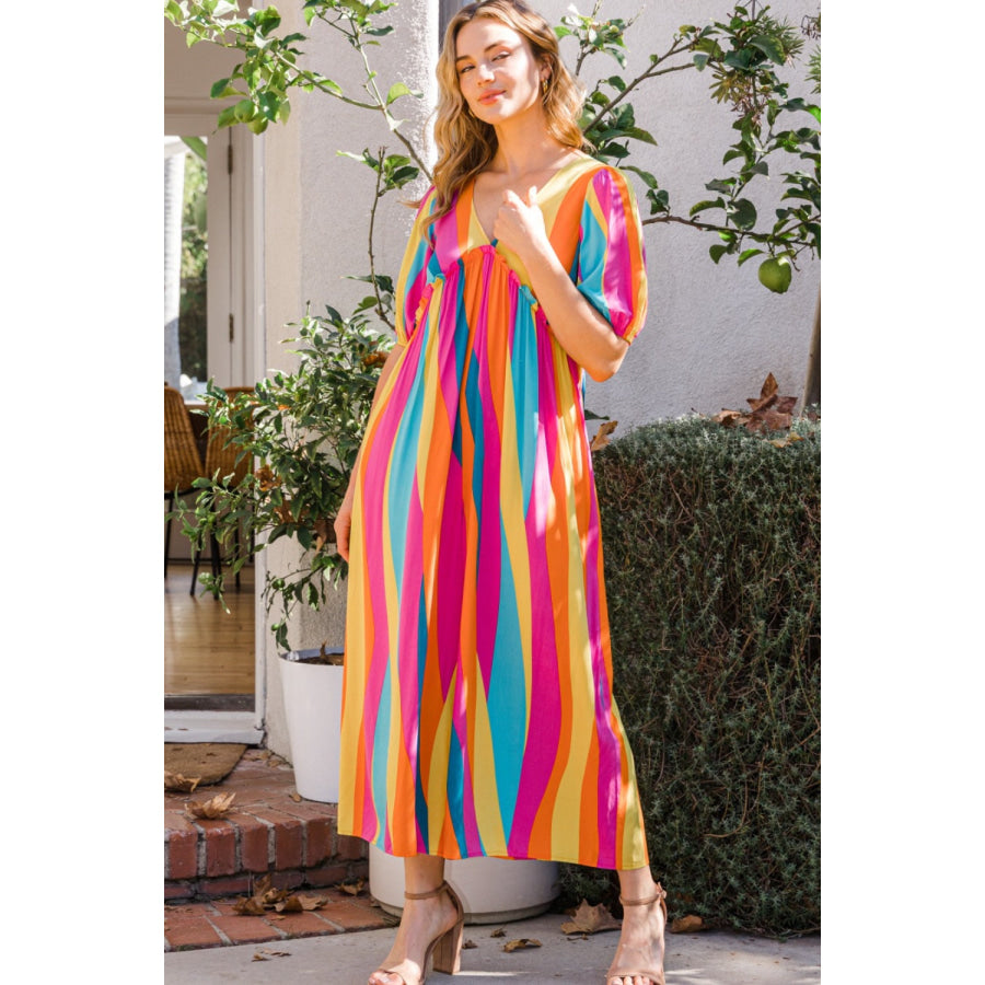 ODDI Full Size Striped Puff Sleeve Wide Leg Jumpsuit Fuchsia - Yellow / S