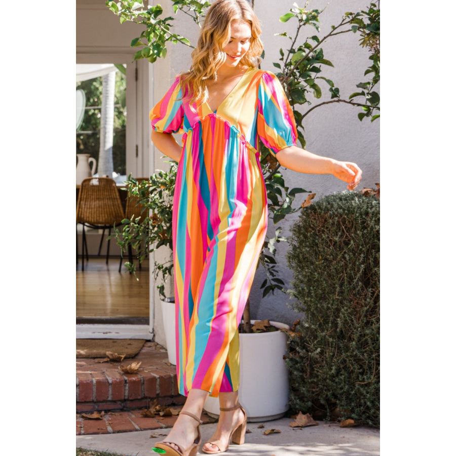 ODDI Full Size Striped Puff Sleeve Wide Leg Jumpsuit