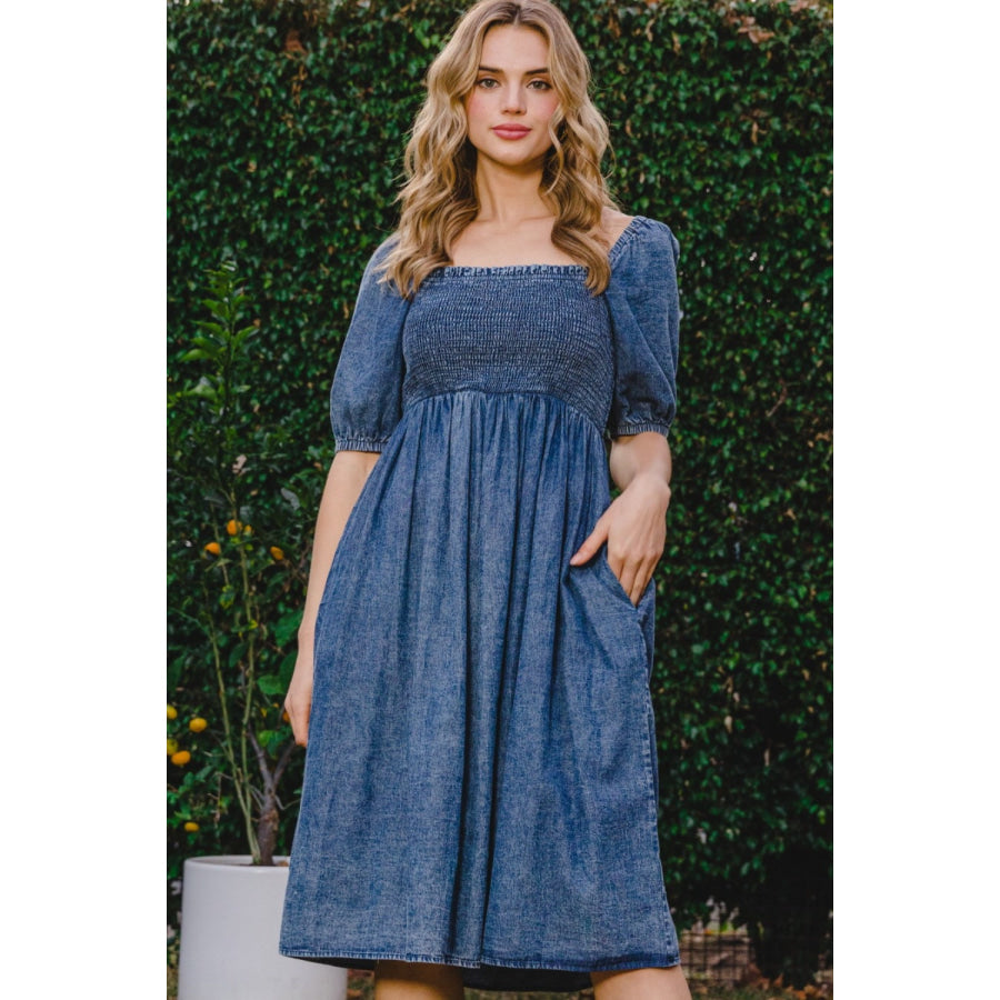 ODDI Full Size Washed Smocked Puff Sleeve Dress Washed Denim / S Apparel and Accessories