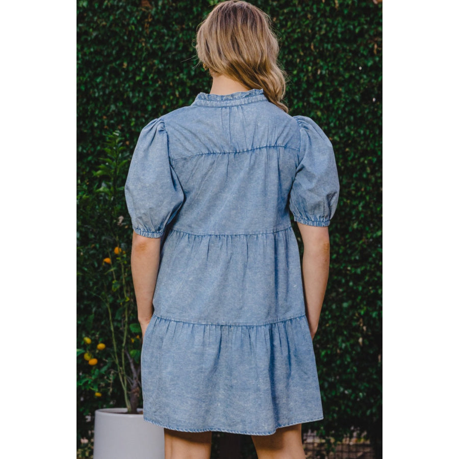 ODDI Washed Tiered Mini Denim Dress Apparel and Accessories