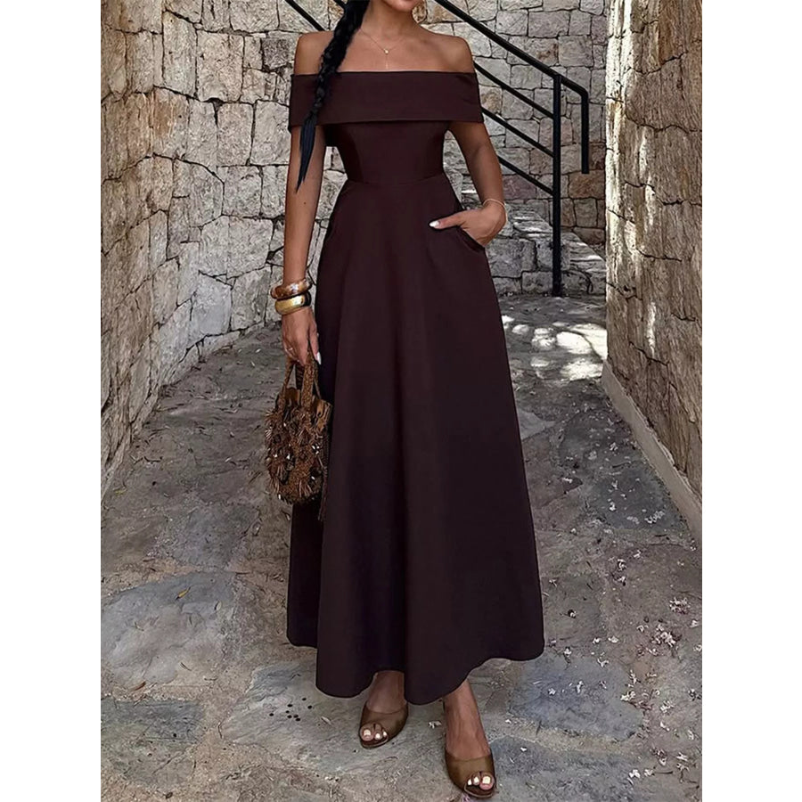 Off-Shoulder A-Line Maxi Dress Brown / S Apparel and Accessories