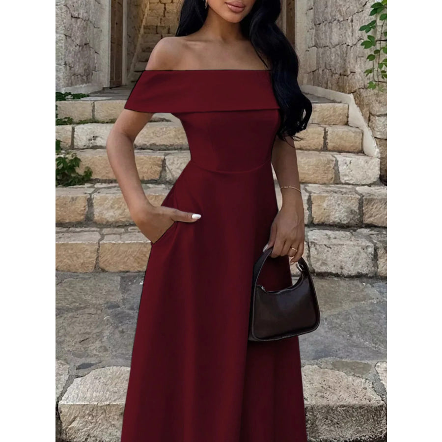 Off-Shoulder A-Line Maxi Dress Burgundy / S Apparel and Accessories