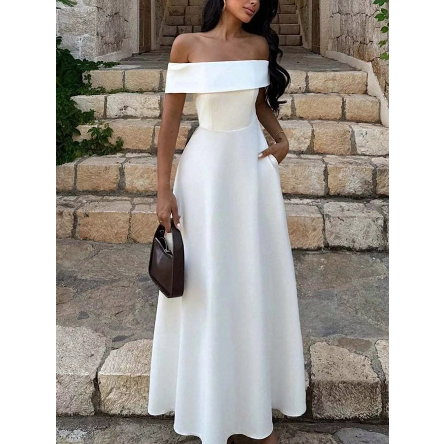 Off-Shoulder A-Line Maxi Dress Gray/white / S Apparel and Accessories
