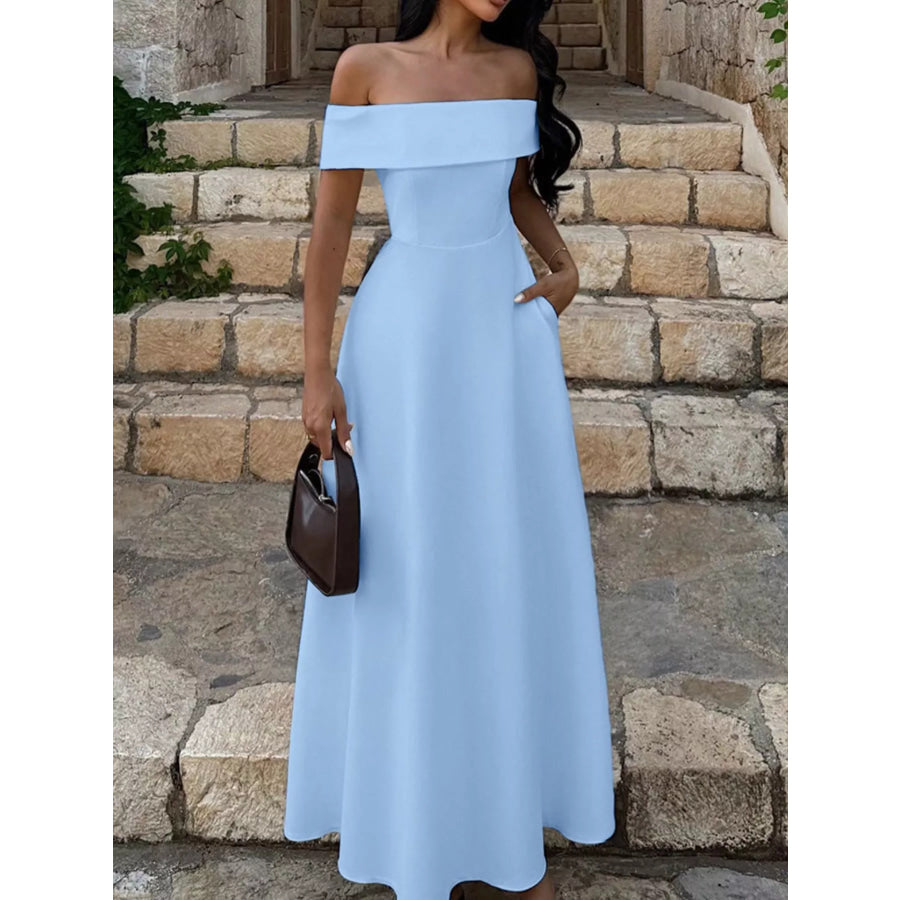 Off-Shoulder A-Line Maxi Dress Sky Blue / S Apparel and Accessories