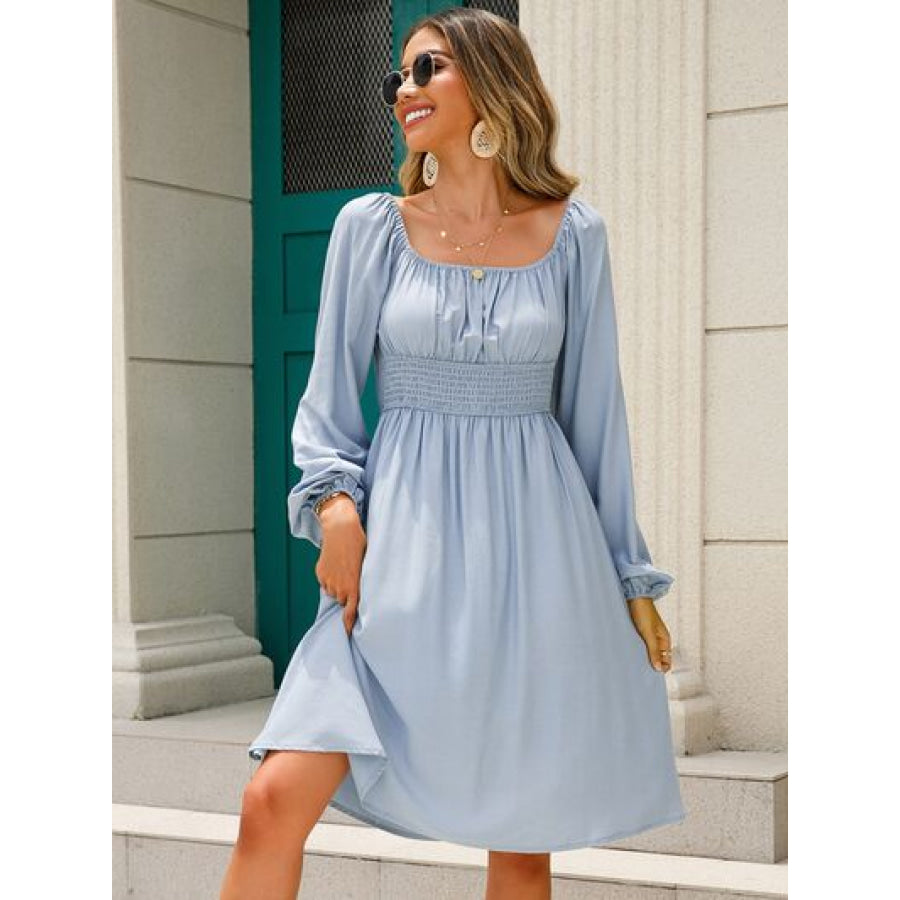 Off - Shoulder Balloon Sleeve Smocked Dress Misty Blue / S Clothing