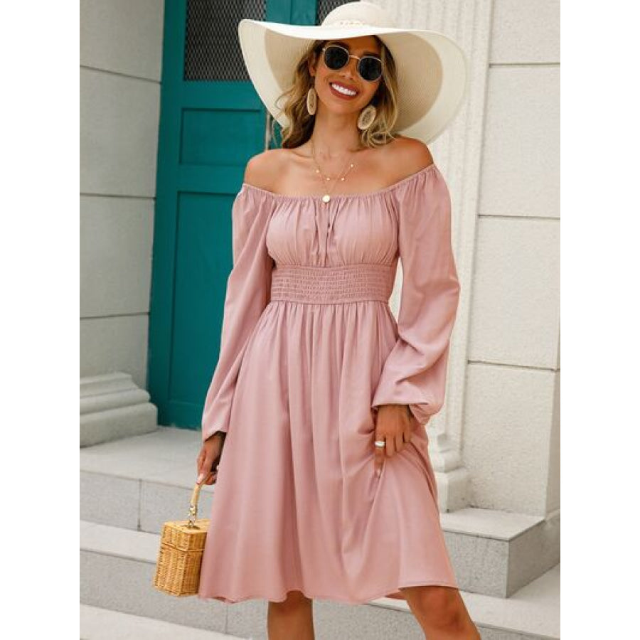 Off - Shoulder Balloon Sleeve Smocked Dress Peach / S Clothing