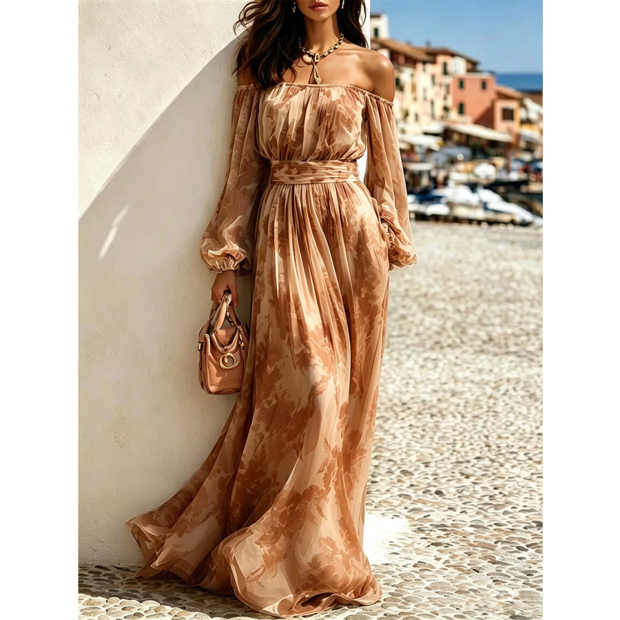 Off-Shoulder Balloon Sleeves Maxi Dress Brown / S Apparel and Accessories