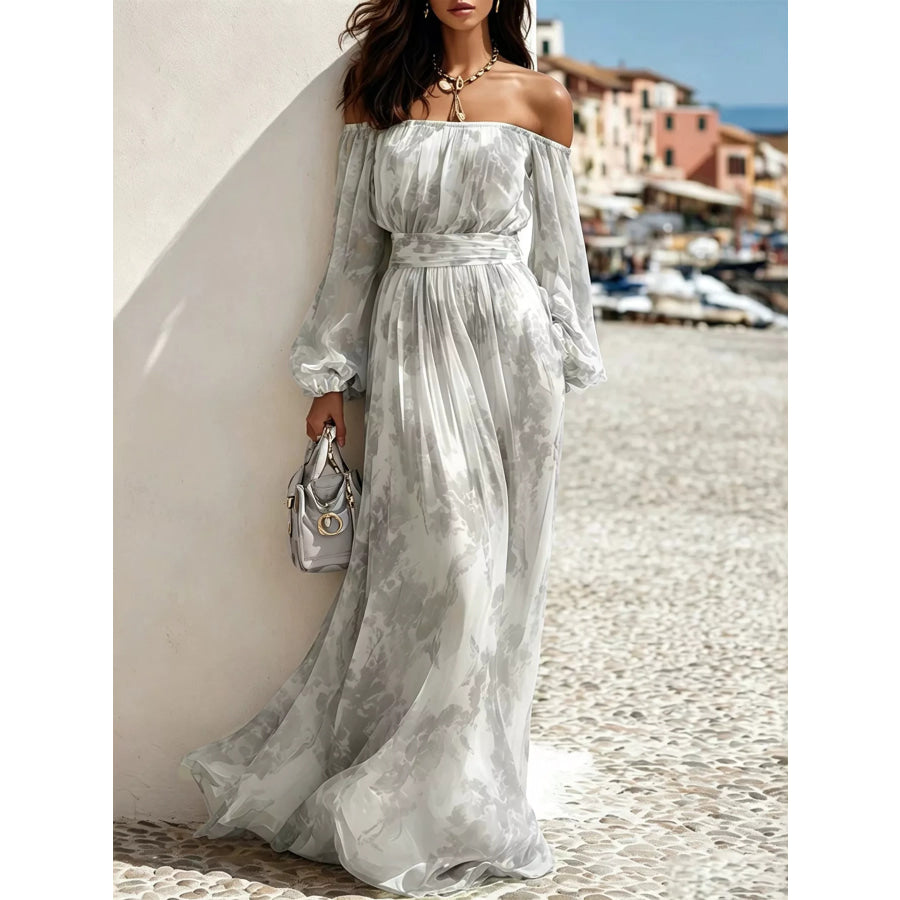 Off-Shoulder Balloon Sleeves Maxi Dress Gray / S Apparel and Accessories