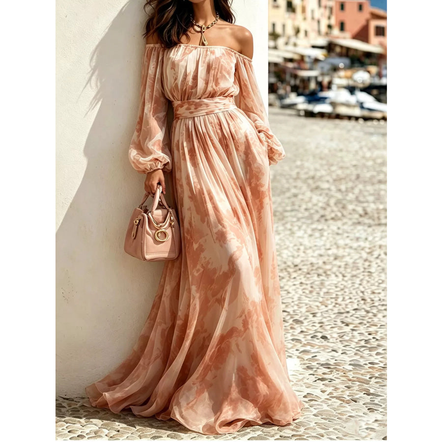 Off-Shoulder Balloon Sleeves Maxi Dress Pink / S Apparel and Accessories