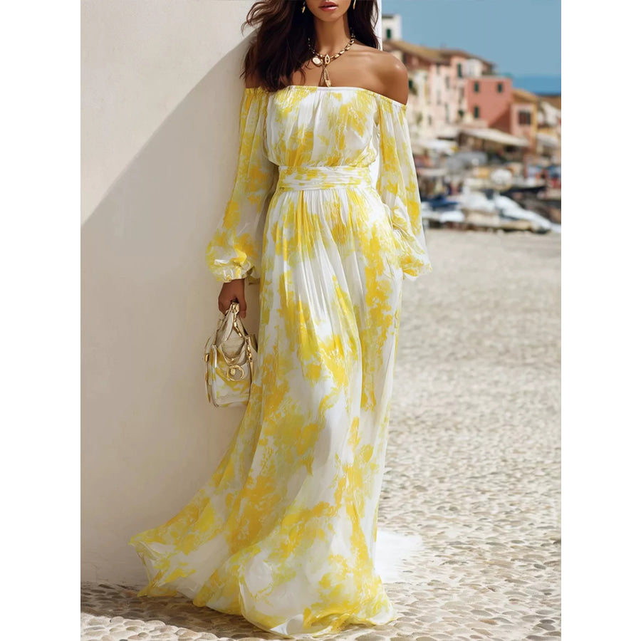 Off-Shoulder Balloon Sleeves Maxi Dress Yellow / S Apparel and Accessories