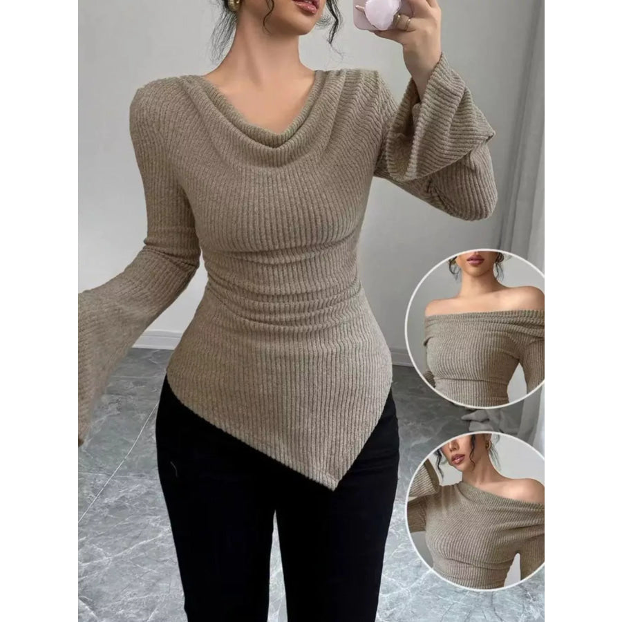 Off-Shoulder Bell Sleeve Ribbed Blouse Apparel and Accessories