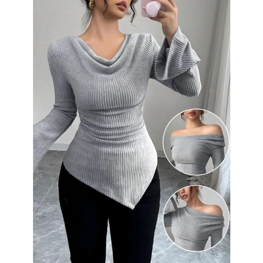 Off-Shoulder Bell Sleeve Ribbed Blouse Apparel and Accessories