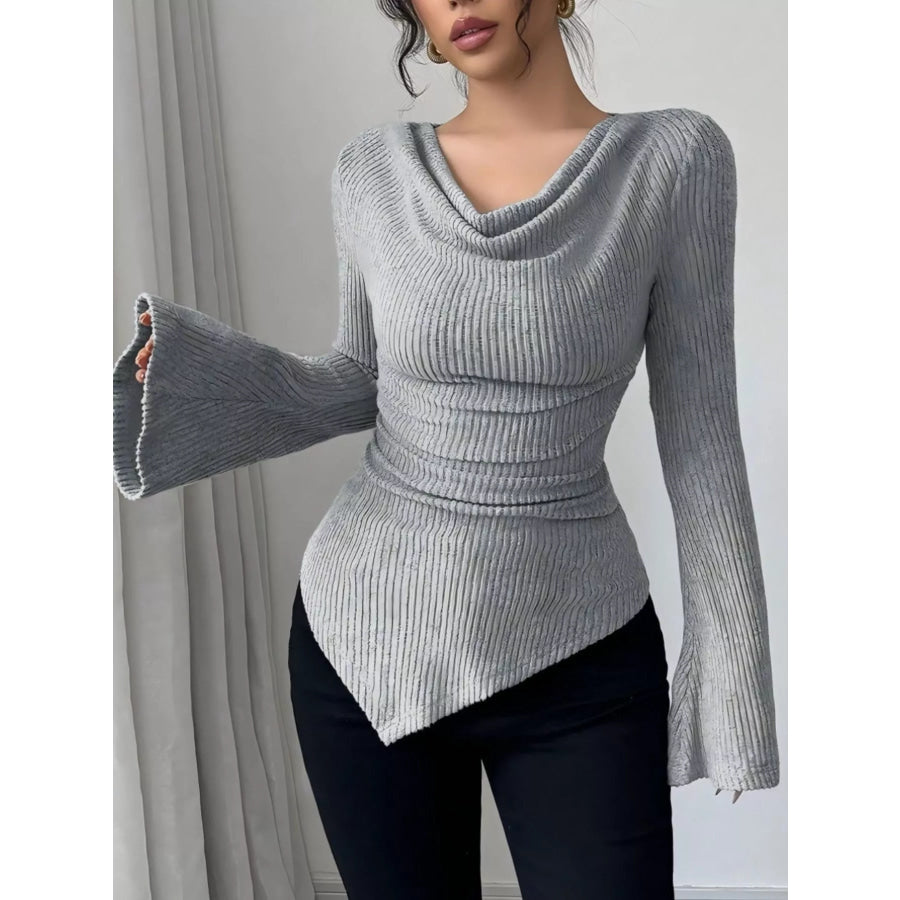 Off-Shoulder Bell Sleeve Ribbed Blouse Gray / S Apparel and Accessories