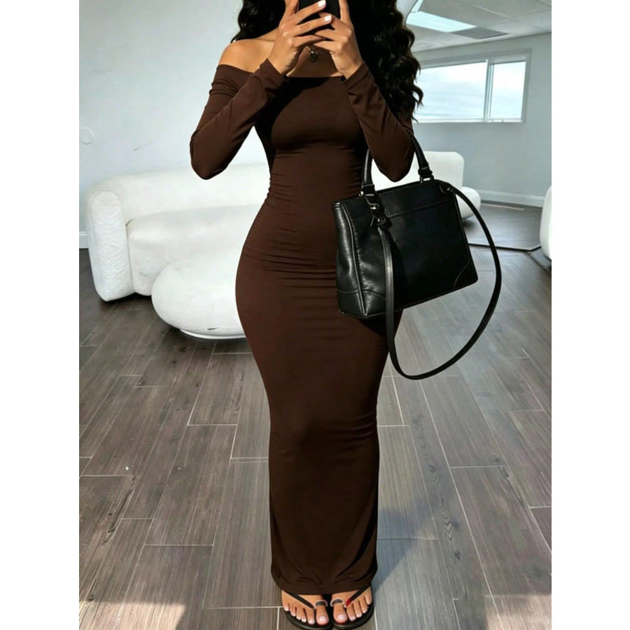 Off-Shoulder Bodycon Maxi Dress Brown / S Apparel and Accessories
