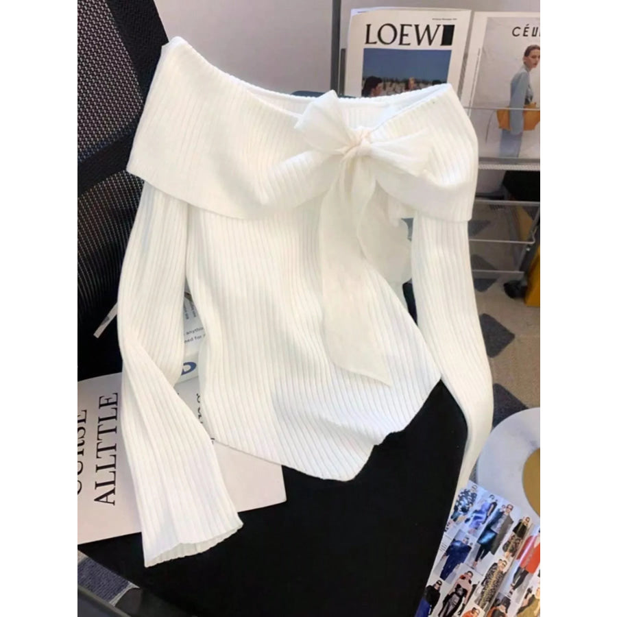 Off-Shoulder Bowknot Ribbed Knit T-Shirt Apparel and Accessories